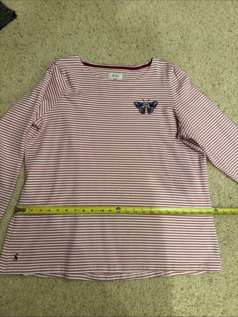 Joules Pink and White Striped Long-Sleeve Top with Butterfly Embroidery